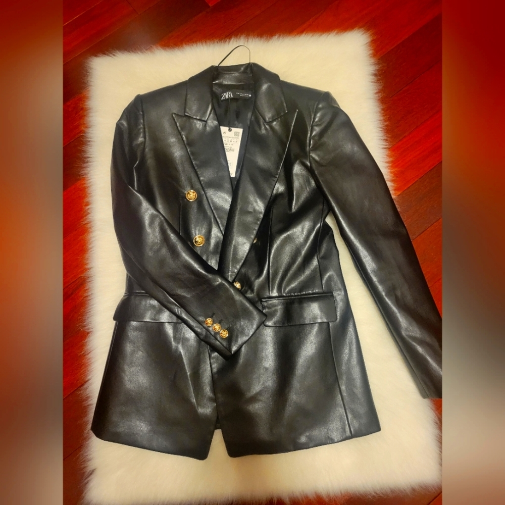 ZARA Faux Leather Black Blazer Metalic Gold Buttons Medium